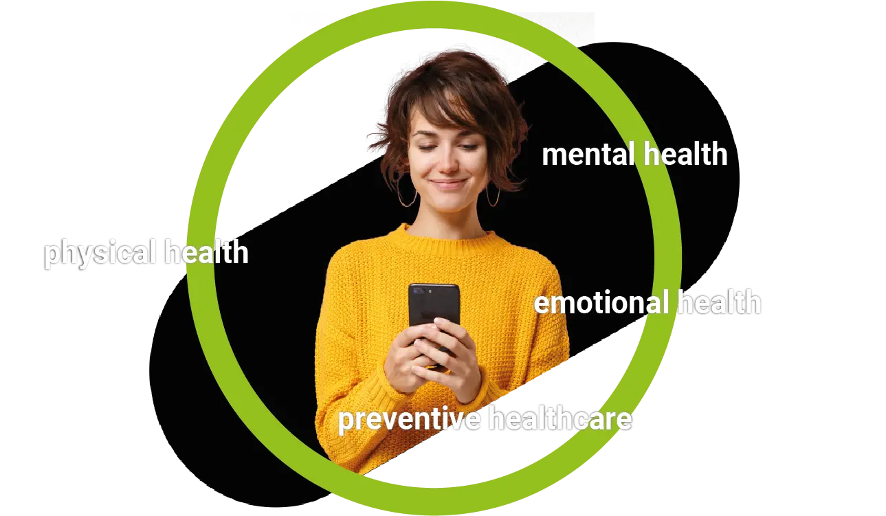 woman holding phone within green circle